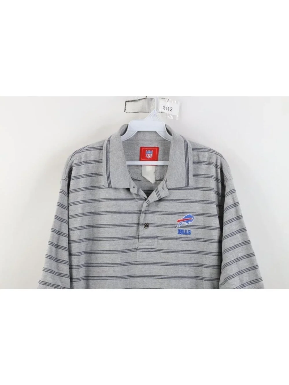 Vintage NFL Mens Size Large Striped Buffalo Bills Football Golf Polo Shirt Gray